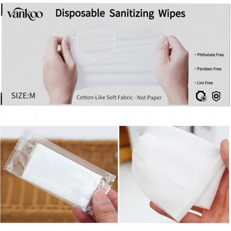 VanKoo Disposable Sanitizing Wipes, M-Size, Cotton-Like Soft & Durable Fabric, Not Paper, Phthalate & Paraben Free, Unscented, Gentle & Effective Cleaning for Hands and Hard Surfaces